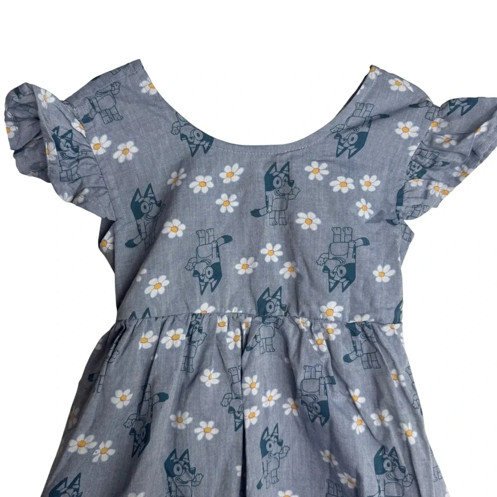 Bluey Girls 3T Blue Daisy Print Chambray Flutter Sleeve Dress Bow‎ Back
